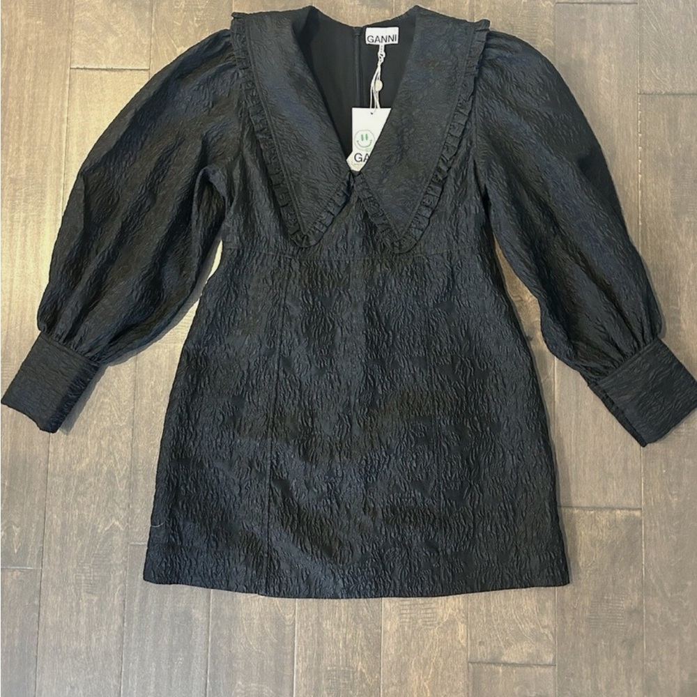 Ganni Ruffled Collar Black Long Sleeve Mini Dress - Picture 4 of 6